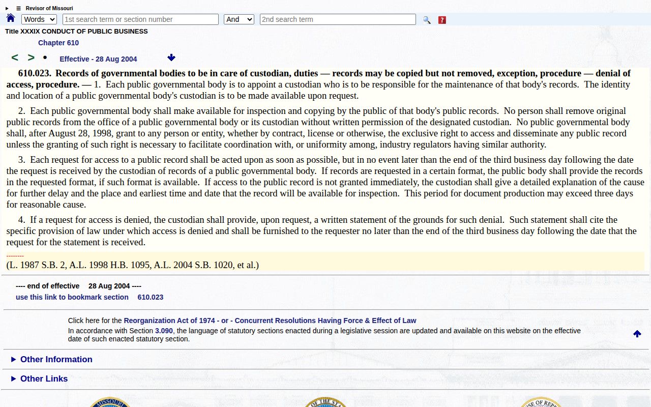 Missouri custodian response procedure for Howard County 72-hour release records